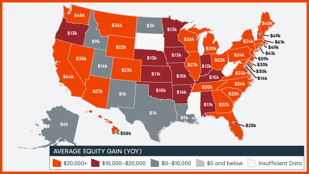 Average home equity changes by U.S. state year over year, Q1 2024