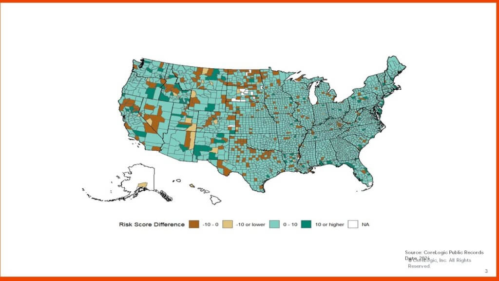 Difference in risk score between owner-occupied homes and other homes by county